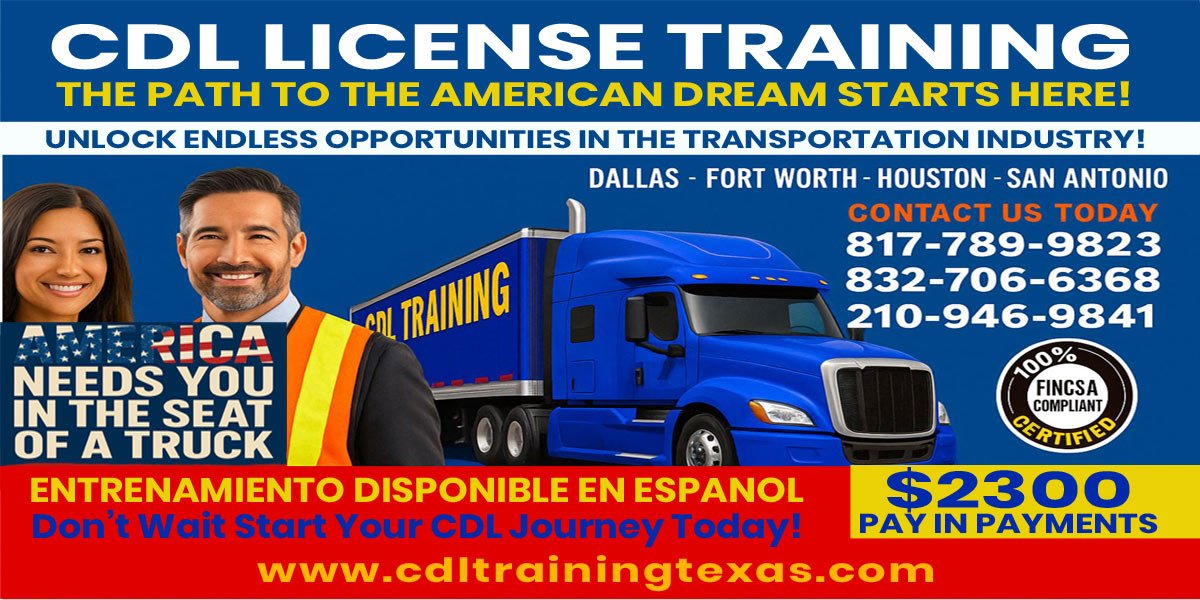 CDL School Allen TX banner with drivers, blue truck, $2300 price, bilingual training, and contact info for Texas cities.