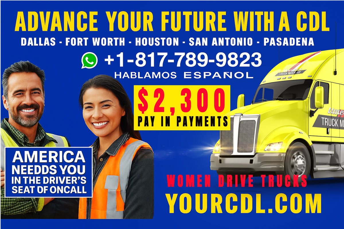 BLUE-ENGLISH-YELLOW-TRUCK How to get your cdl in Texas, CDL Training Texas English – Male and female truck driving students smiling next to a red semi-truck with the message "Fuel Your Future with a CDL