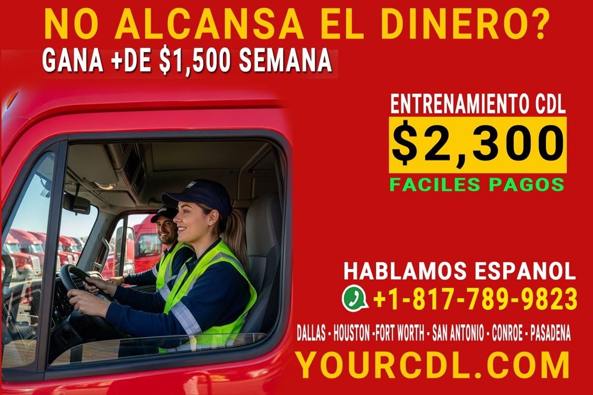 youcdl-red-1200X800 Hombre y mujer hispanos dentro de un camión semi, sonriendo y usando chalecos reflectivos, representando entrenamiento CDL en español accesible y profesional.