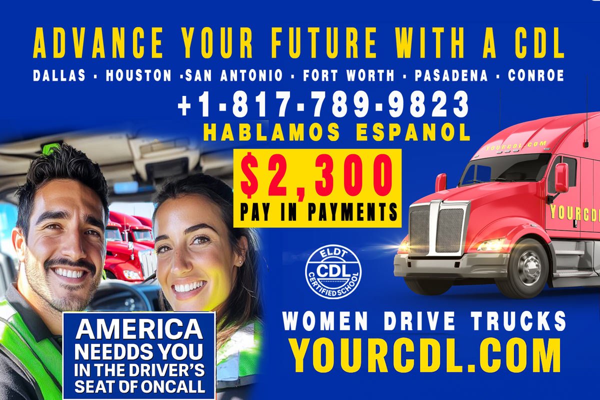 Male and female CDL students smiling beside a red semi-truck after training in Texas – “Fuel Your Future with a CDL