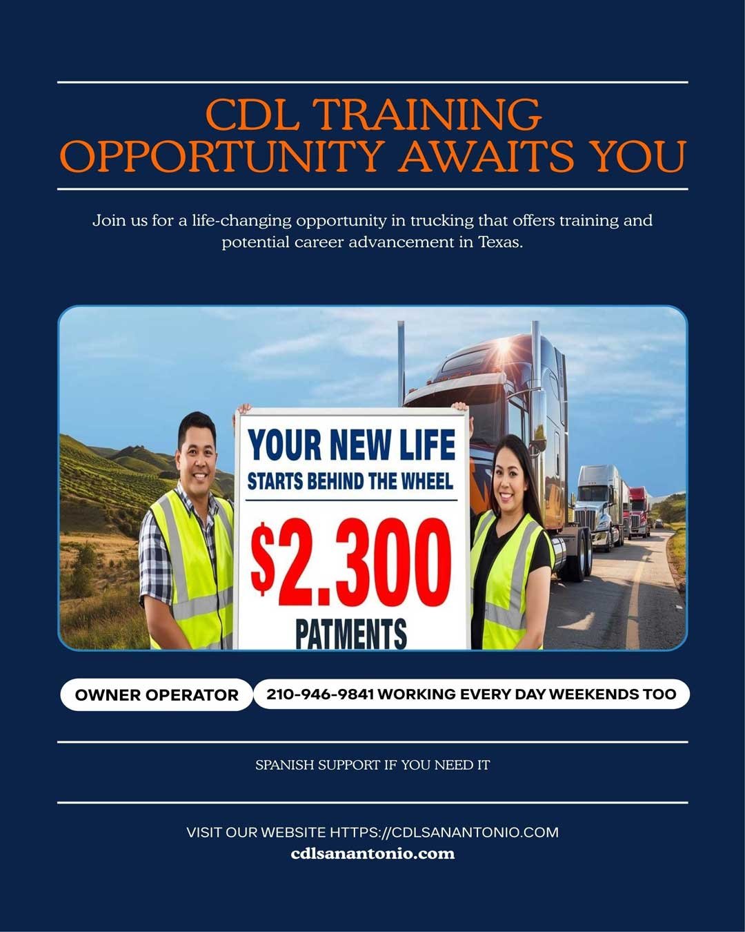 CDL training near Schertz TX banner showing $2,300 CDL program with owner-operator instructor, Spanish support, and Texas trucking career opportunity